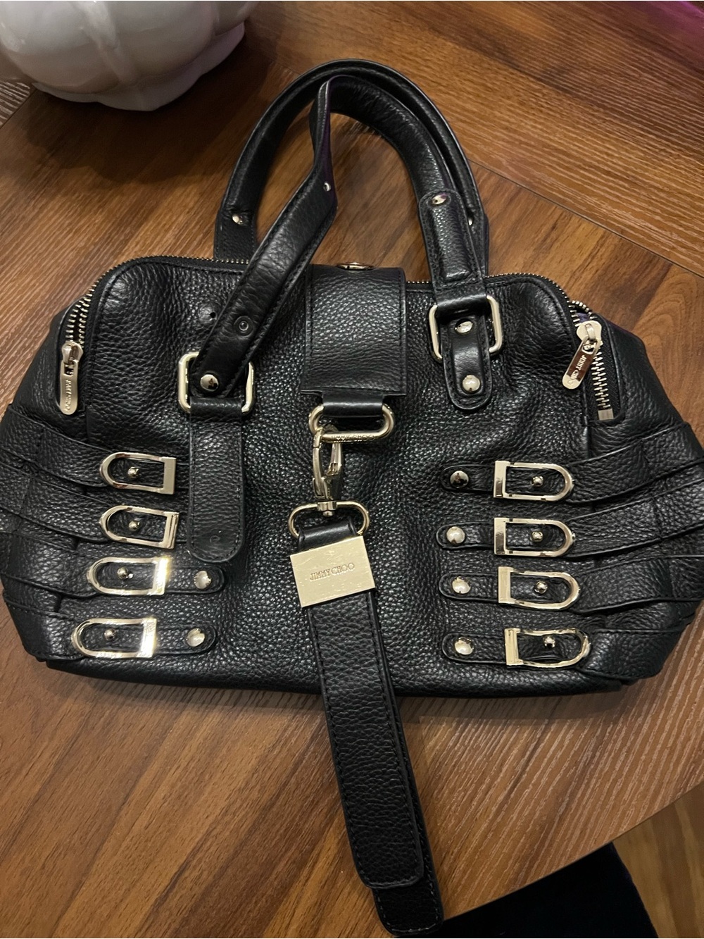 Jimmy Choo Blythe M Black Leather Buckle Tote Bag